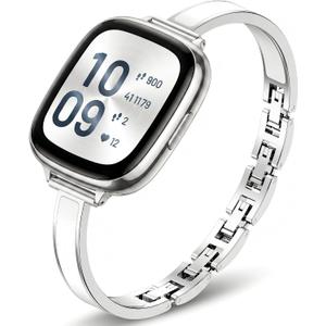 Mosonio Slim Elegant Band Compatible with Fitbit Versa 4/Versa 3/Sense 2/Sense for Women, Dressy Metal Bands with Embedded Silicone Accents and Easy-adjust Link Clasps for Daily Wear