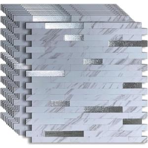 YMMXGE 10-Sheet Peel and Stick Backsplash Stone Marble Tiles, PVC Metal Wall Sticker for Kitchen 9.74 sq .ft (10, White Stone)