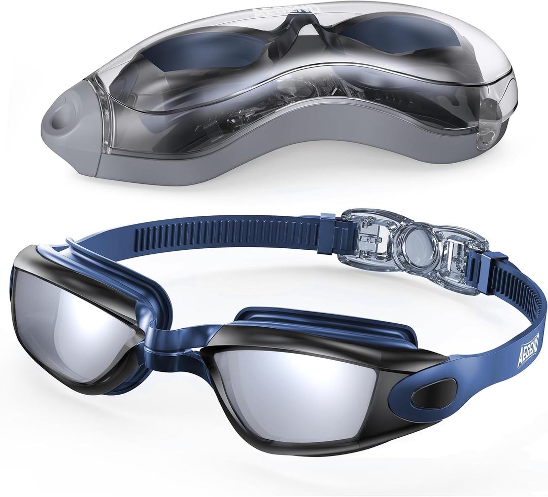 Aegend Swim Goggles, Swimming Goggles No Leaking Full Protection Adult Men Women Youth (Black With Blue Strap)