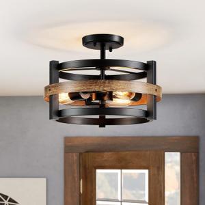 WUZUPS 3-Light Metal Drum Chandelier Imitation Wood Grain Shade Round Semi Flushmount Ceiling Lighting Rustic Farmhouse Fixture Foyer Entry Kitchen, H 9.4" x W13.8, E26 Base, Black