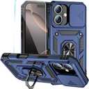 SunStory Phone Case for iPhone 16 Case with HD Screen Protector & Slide Camera Cover & Rotated Ring Kickstand, [Military-Grade] Phone Case for iPhone 16 6.1" (Blue)