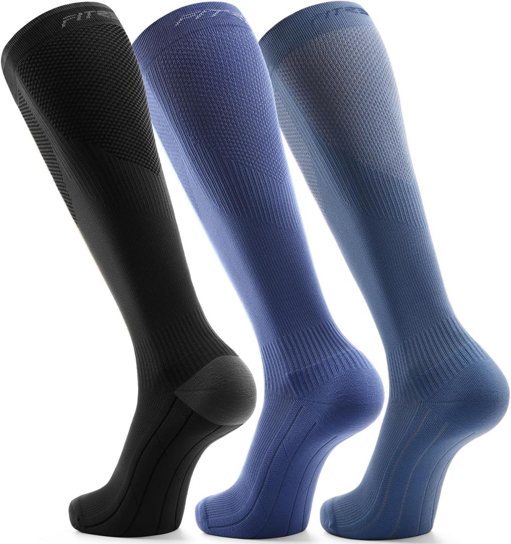 FITRELL 3 Pairs Compression Socks for Women and Men 20-30mmHg-Circulation Support Socks (Large-X-Large, Black+light Blue+dark Blue)