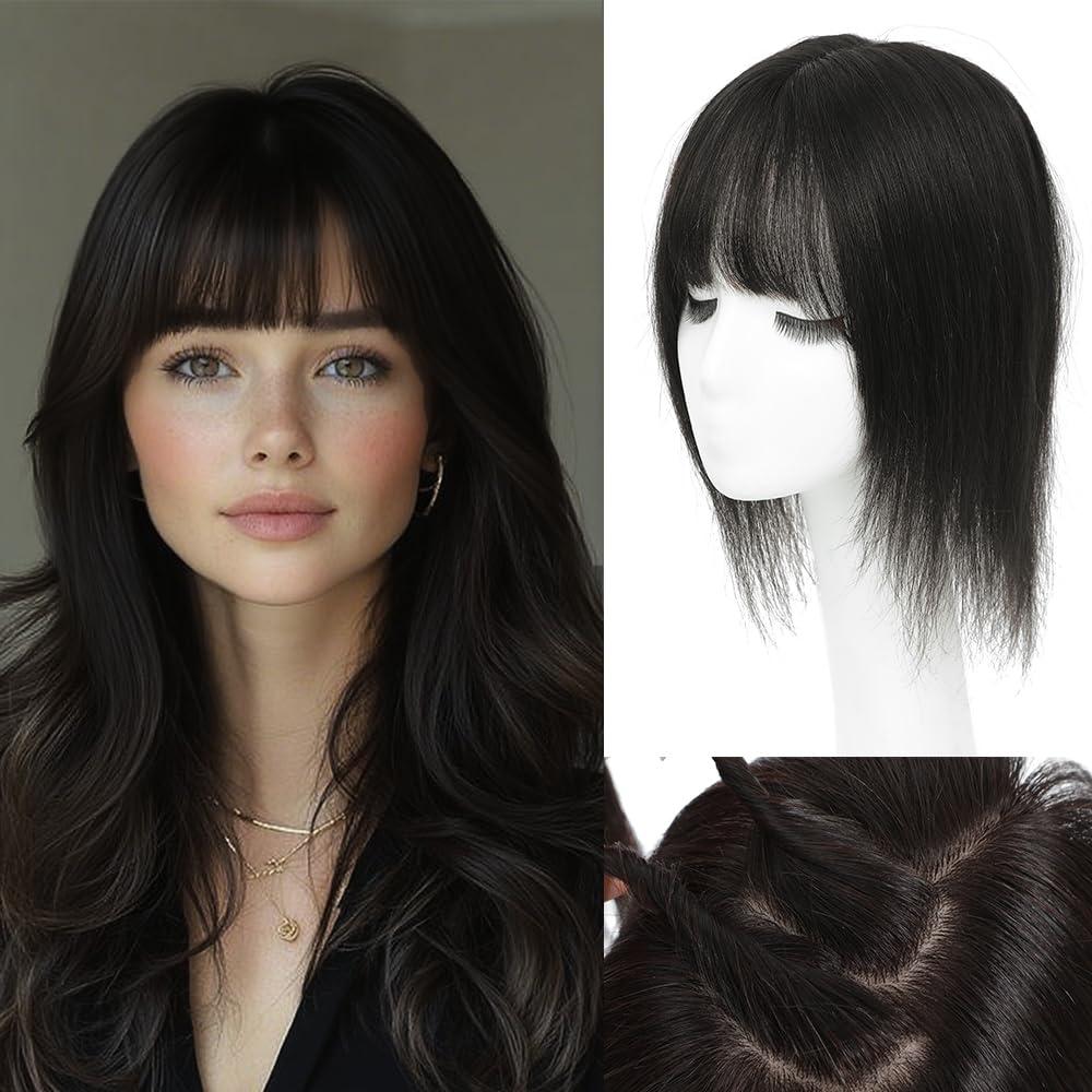 Hair Toppers for Women Real Human Hair,360°3D Big Basement Cover Topper for Women with Thinning Crown with Wispy Clip in Bangs Realistic Scalp (1B, 3D Wispy Bangs 14INCH)