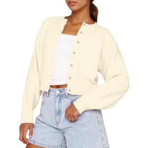 Cioatin Women Y2K Open Front Button Down Crop Sweater Cardigan Long Sleeve Lightweight Knit Pullover Fall Outfits Tops (Small, Cream)