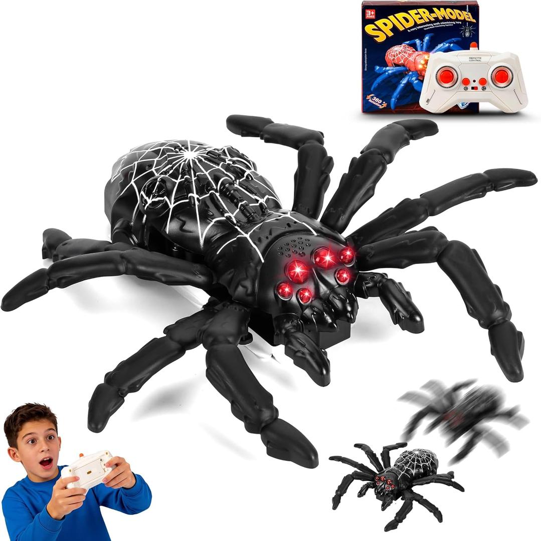 Remote Control Spider, Wall Climbing Spider with LED Red Eyes, Climbs Smooth Walls & Ceilings, RC Creepy Crawly Spider for Kids 3+ (No Assembly), Indoor Halloween Christmas Birthday Gift (Black)