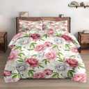 Pamnest Comforter Set Twin Size, Floral Botanical Flower Soft 2 Pcs Bedding for Kids and Adults, Peony Vintage Red Rose Comforter Set with Pillowcase, for Bedroom Bed Decor