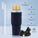 PROBTTL 40 oz Glass Tumbler with Handle - Sports Clear Borosilicate Glass Water Bottle with Straw, Silicone Sleeve, 2 Lids - Handle Spout & Bamboo Straw Lid, Fits Car Cup Holder, Leakproof (Navy Blue)