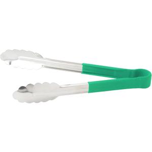 Winco 9" Stainless Steel Serving Tongs with Non-Slip Handle, Green