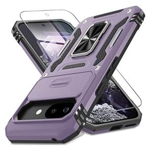 DEERLAMN Case for Google Pixel 9A with Slide Camera Cover+Screen Protector (1 Pack), Rotated Ring Kickstand Military Grade Shockproof Protective Cover-Black