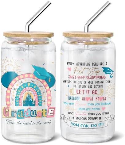 9BUTERFLY Cute, Graduation Castle, Glass Cup Tumbler 16 Oz With Lid And Straw, Graduation Gifts, Cute Bamboo Lid Straw Blue Decorations Glass Cup Heart Coffee Glass Mug Iced
