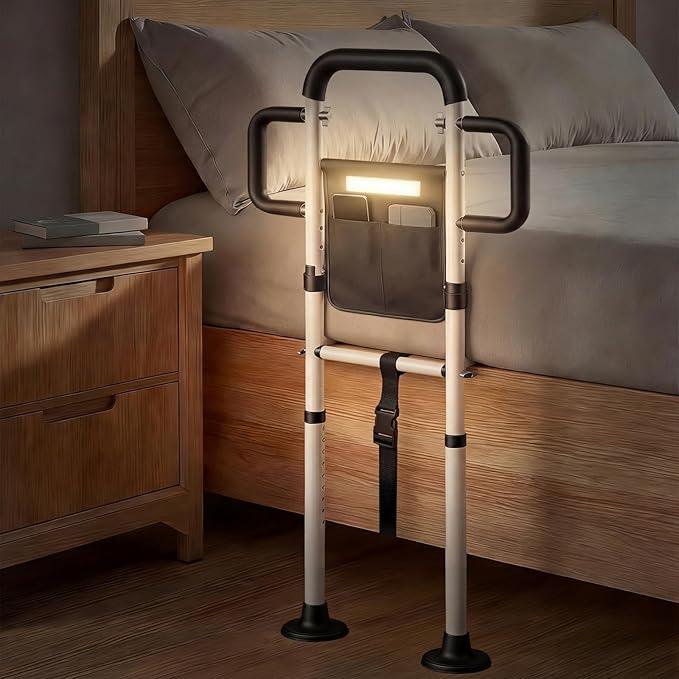 Bed Rails for Elderly Adults Safety, for 400Lbs, White | Bed Rail for Seniors with Motion Sensor Light, Height Adjustable Bed Assist Bar, Non-Slip Handle, Storage Bag