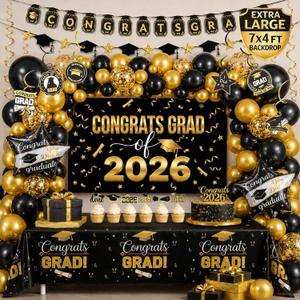 150Pcs Black Gold Graduation Decorations 2026 with 7x4ft Backdrop | 150pcs graduation decorations 2026 with oversized 7x4ft backdrop, black gold balloon arch, banner and tablecloth
