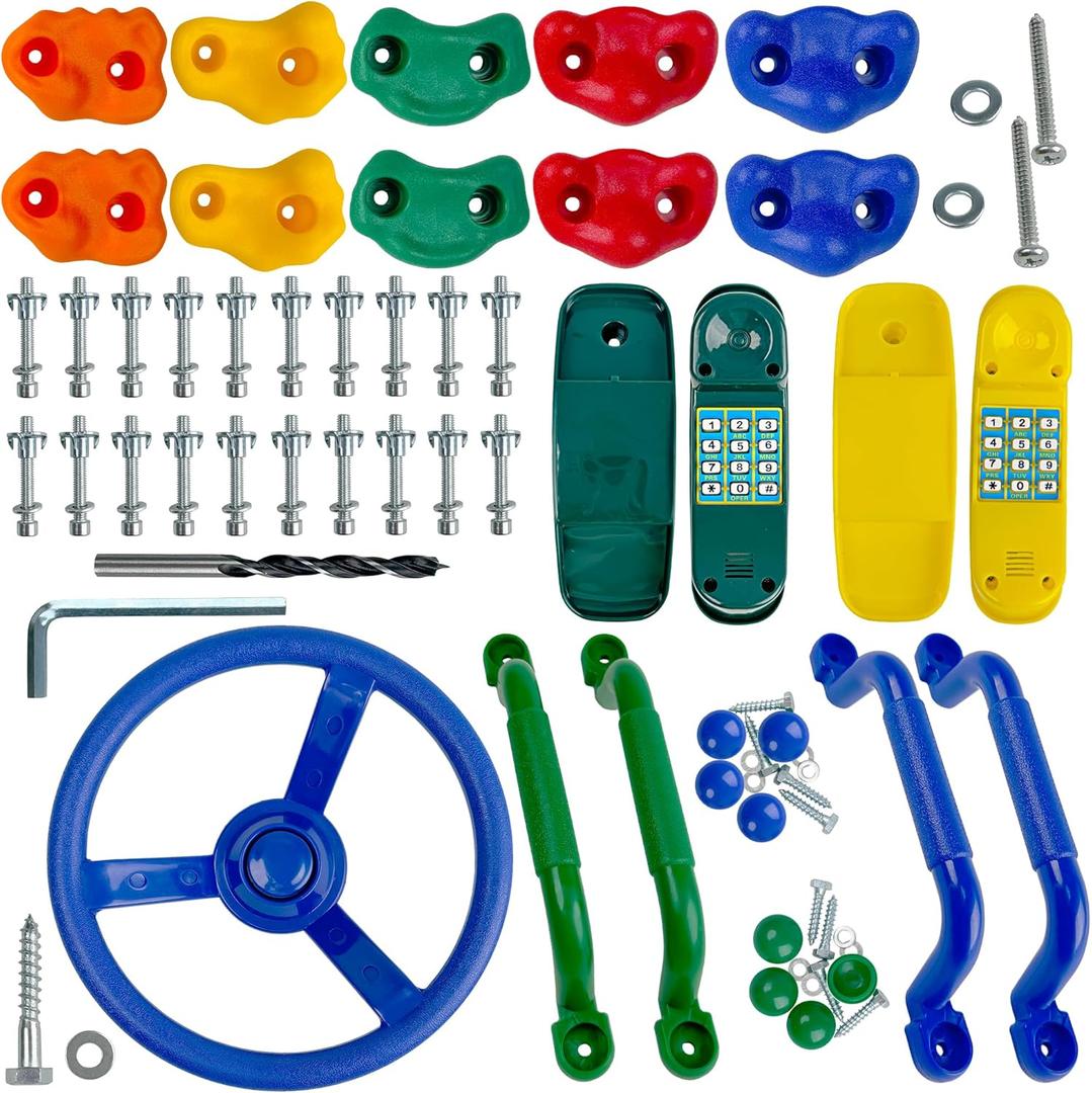 KINSPORY 17 Pack Playground Accessories for Kids - 10pc Colourful Rock Climbing Holds, 4pc Climbing Handles & Grips, 2pc Play Phones and Steering Wheel for Wooden Playset, Swing Set & Tree House