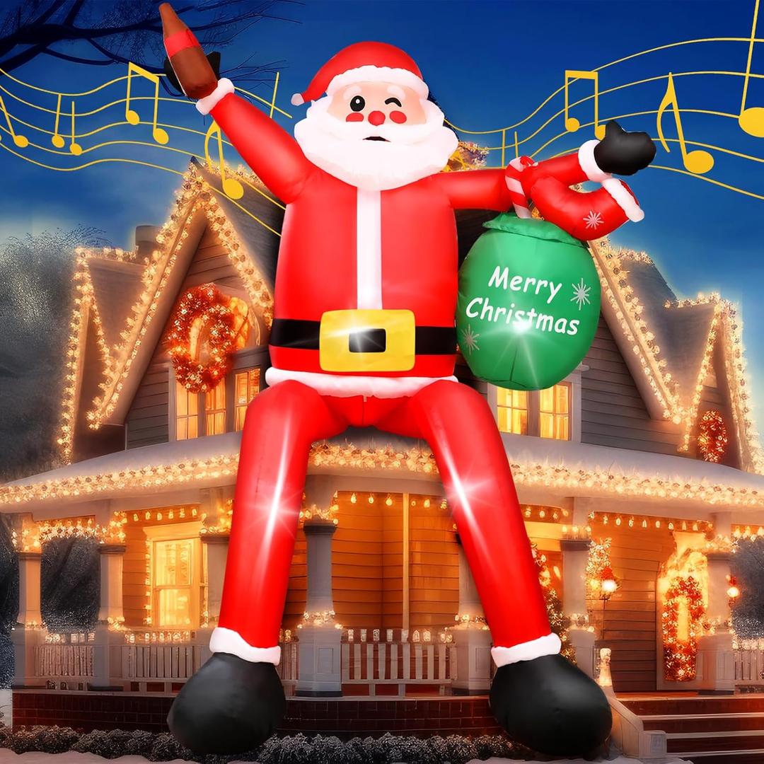 8 FT Music Christmas Inflatable with LED Lights & Music Box, Long Leg Hanging Santa Claus with Gift Bag, Music Blow Up Decoration for Roof Window Wall Yard Outdoor Xmas
