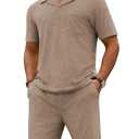 URRU Men's Polo Shirt and Shorts Set Summer Outfits Beach Terry Casual Short Sleeve 2 Piece Short Set for Men Coffee M