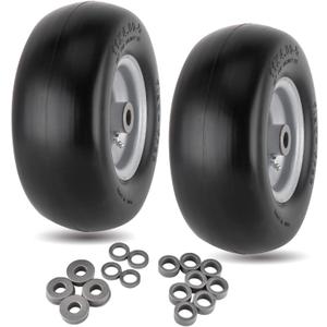 11x4.00-5 Lawn Mower Tires Flat Free Tire and Wheel 2 Pack Universal Fit 11x4-5 Flat Free Tire with Rim, 3.4"-4"-4.5"-5" Centered Hub, 3/4" or 5/8" or 1/2"Bushings