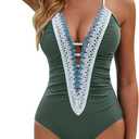 BMJL Women's Sexy One Piece Swimsuit Ruched Tummy Control Bathing Suit Plunge Color Block Swimwear 2026 (Large, Army Green)