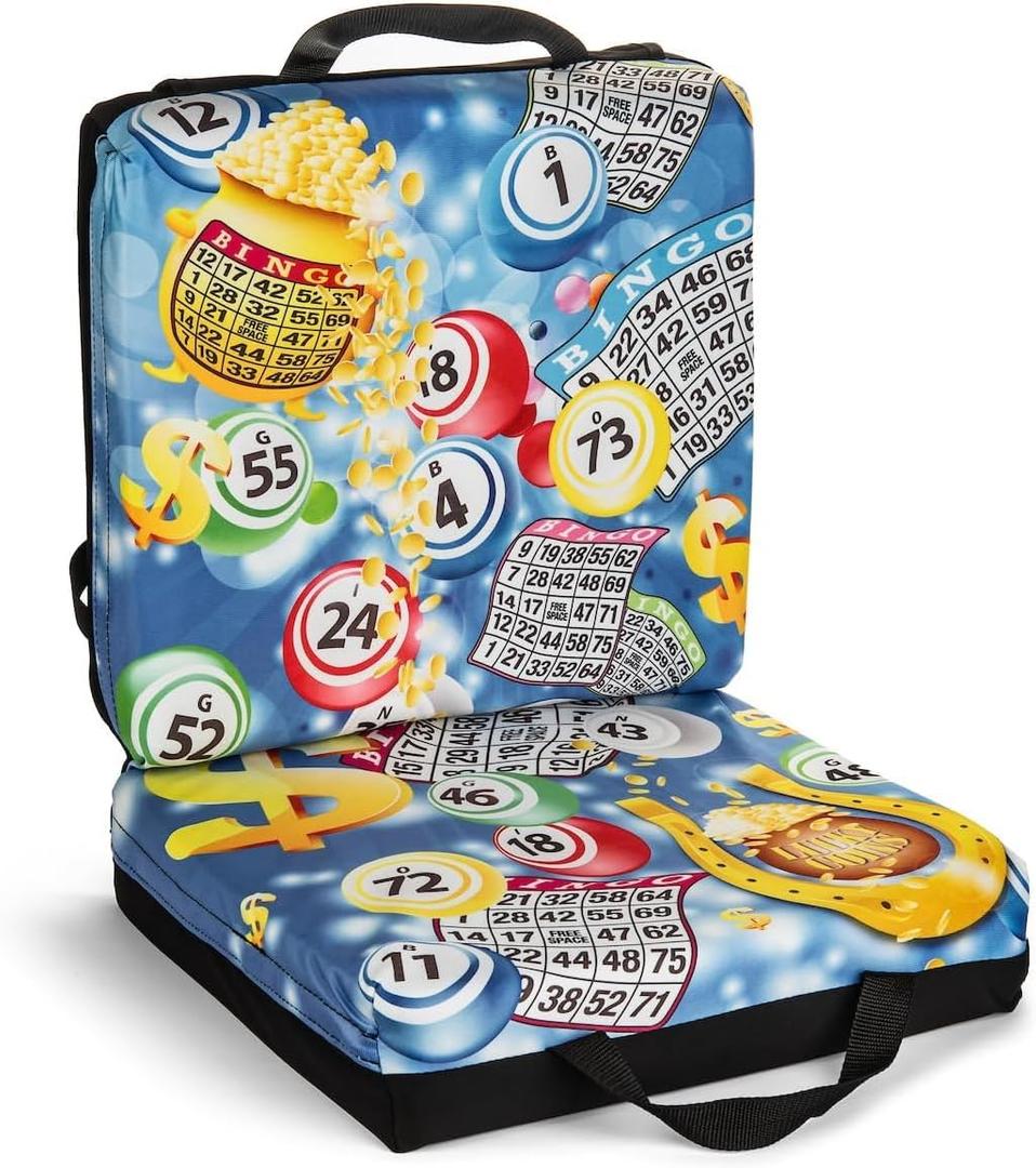 Bingo Jackpot Blue Pattern Seat Cushion  Storage Pouch & Handles, Extra Thick 3 Cushion with Strap  Comfortable Folding Chair Cushion for Bingo Nights