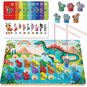 Wooden Dinosaur Magnetic Fishing Game for Toddlers Ages 3-5 with 2 Pods, ABC Alphabet Learning Toy with Spelling Cards, Preschool Educational Montessori Toys, Gift for Boy Girl