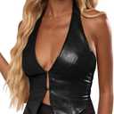 SOLY HUX Women's PU Leather Halter Tank Tops Sexy Deep V Neck Asymmetrical Vest Corset Party Clubwear (Black, L)
