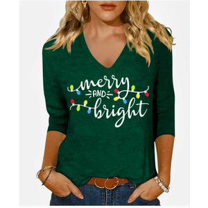 Womens Christmas Lights V Neck Shirt Funny Xmas Letter Printed Sleeve Tee Winter Holiday Family Matching Tops, 2 XL