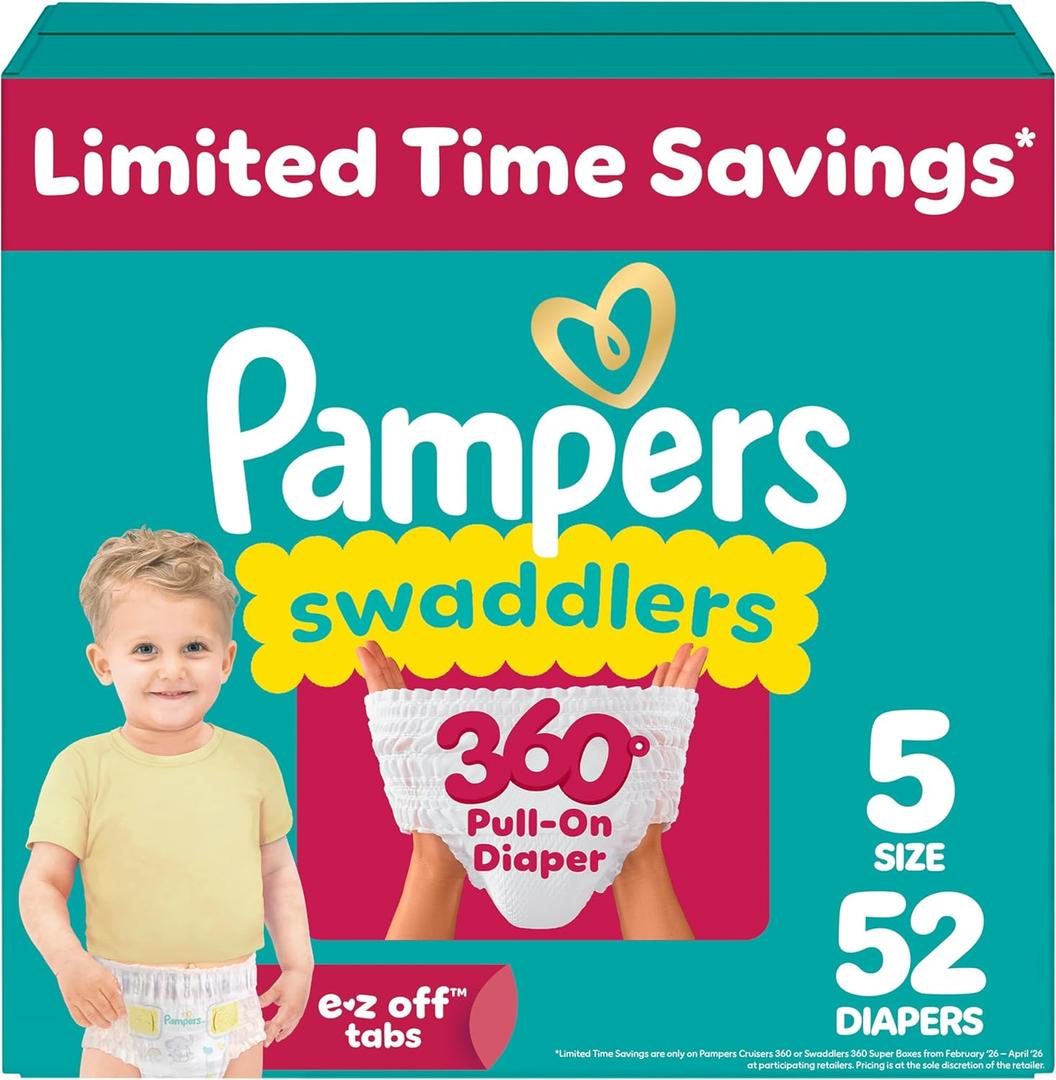 Pampers Diapers - Swaddlers 360 - Size 5, 52 Count, up to 100% Leakproof Comfy Dry Fit, Designed for Easy Changes, Pull On Baby Diaper 