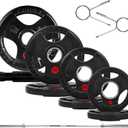 Fitvids Olympic Cast Iron 2-Inch Weight Plates Including 5FT Olympic Barbell Bar & Safely Locks, 100 Pounds Set (85 lbs Plates + 15 lbs Barbell Bar), Multiple Packages