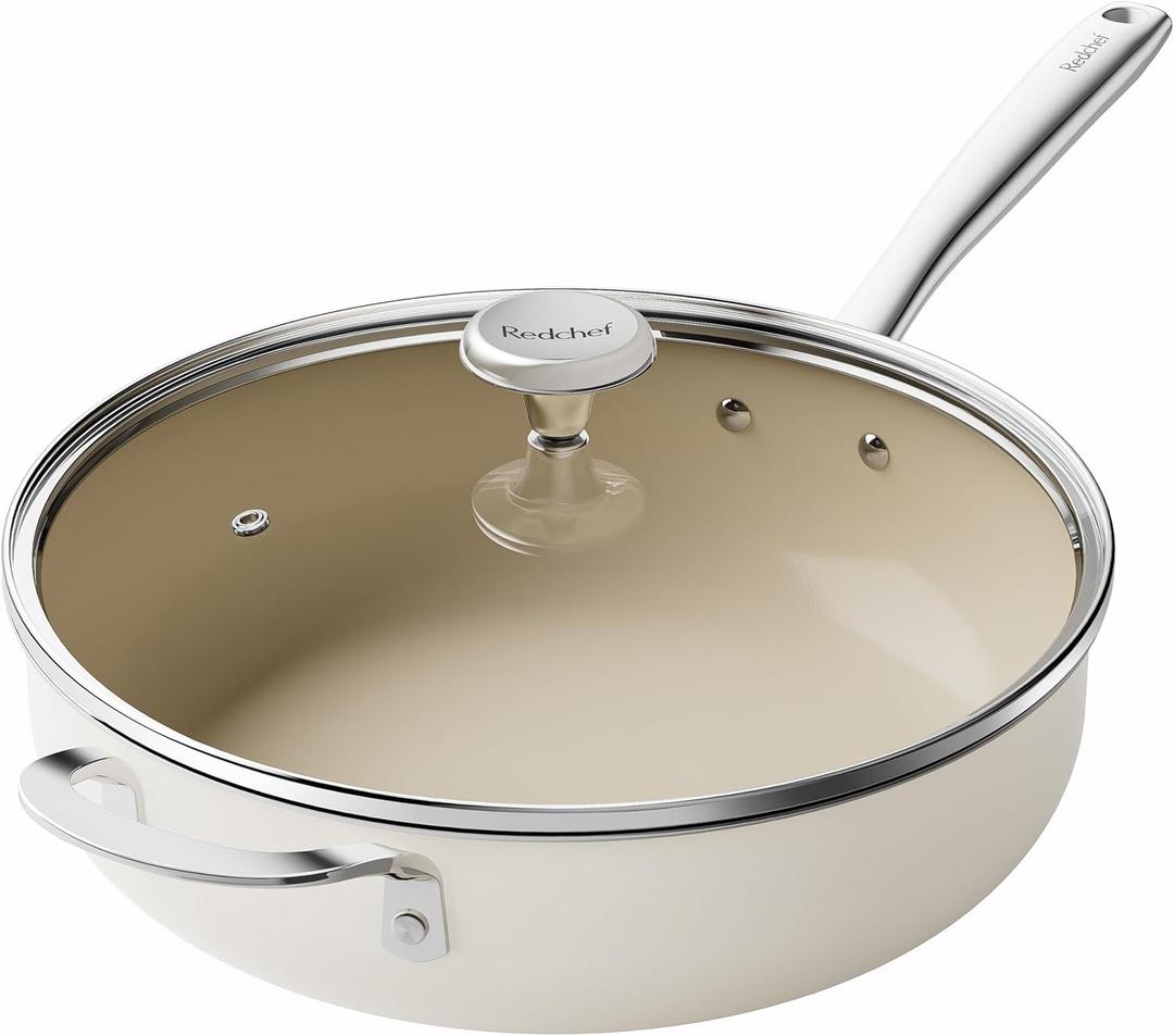 Redchef Ceramic Saute Pan with Lid, Nonstick Deep Frying Pan, 5QT Jumbo Cooker with Helper Handle & Lid, Non Toxic Ceramic Cooking Pan, Chef Pan, Dishwasher & Oven Safe, PFAS PFOA & PTFE Free (Beige)