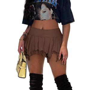 Women's Lace Short Skirt Sexy Y2K Solid Low Waist Patchwork Flowy Ruffle Pleated Mini Skirts Streetwear (Medium, Brown)