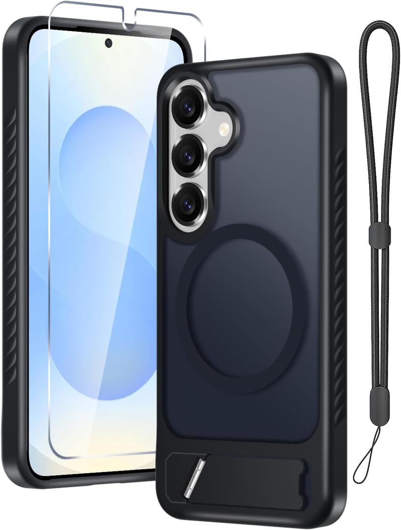 for Samsung Galaxy S25 Case with Screen Protector+Lanyard Wrist Strap,Magnetic Translucent Matte Rugged Slim Phone Cover Built in Invisible Kickstand [Fit for MagSafe],2025 Black
