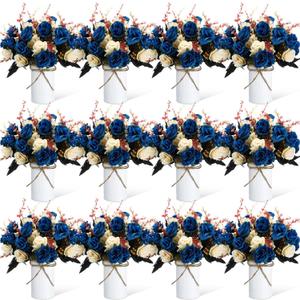 Domensi 12 Sets Wedding Centerpiece for Table Artificial Rose with Vase Fake Bouquets and Metal Pot Floral Arrangements for Mother's Day Holiday Party Event Table Decor (Dark Blue)