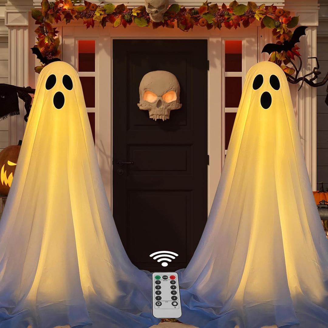 DAZONGE 2 Packs Halloween Decorations Outdoor, Spooky Halloween Ghost Decor with Remote String Lights Battery Operated, Easy to Assemble Ghost Decorations for Front Porch Yard
