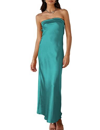 Realtix Satin Silk Backless Tube Tops Maxi Dress for Women Low Back Hollow Out Elegant Strapless Long Dresses Wedding Guest Aqua M
