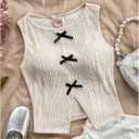 MakeMeChic Women's Textured Bow Knot Tank Top Crew Neck Sleeveless Slit Hem Crop Tops (Beige, XS)