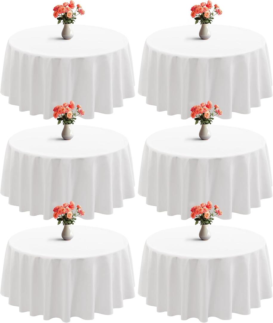 joybest 6 Pack Round Tablecloths 90 Inch White Polyester Table Cloth for 30-60 Inch Tables, Stain and Wrinkle Resistant Washable Fabric Table Cover for Wedding, Party, Reception, Banquet