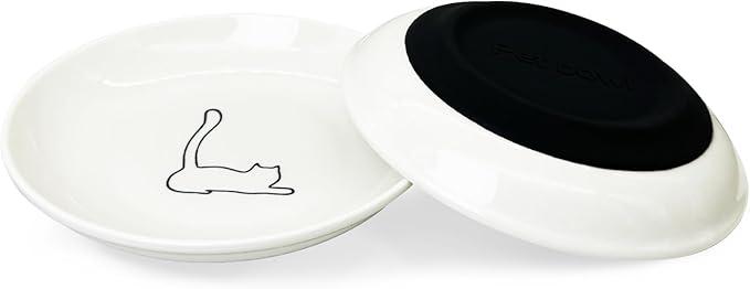 Fhiny 2PCS Cat Food Bowl,6" Ceramic Cat Dishes with Silicone Bottom Shallow Whisker Fatigue Kitten Plates Set for Indoor Cats Non-Slip Wide Kitten Pet Whisker Friendly Bowl for Wet Food Water (Cat)