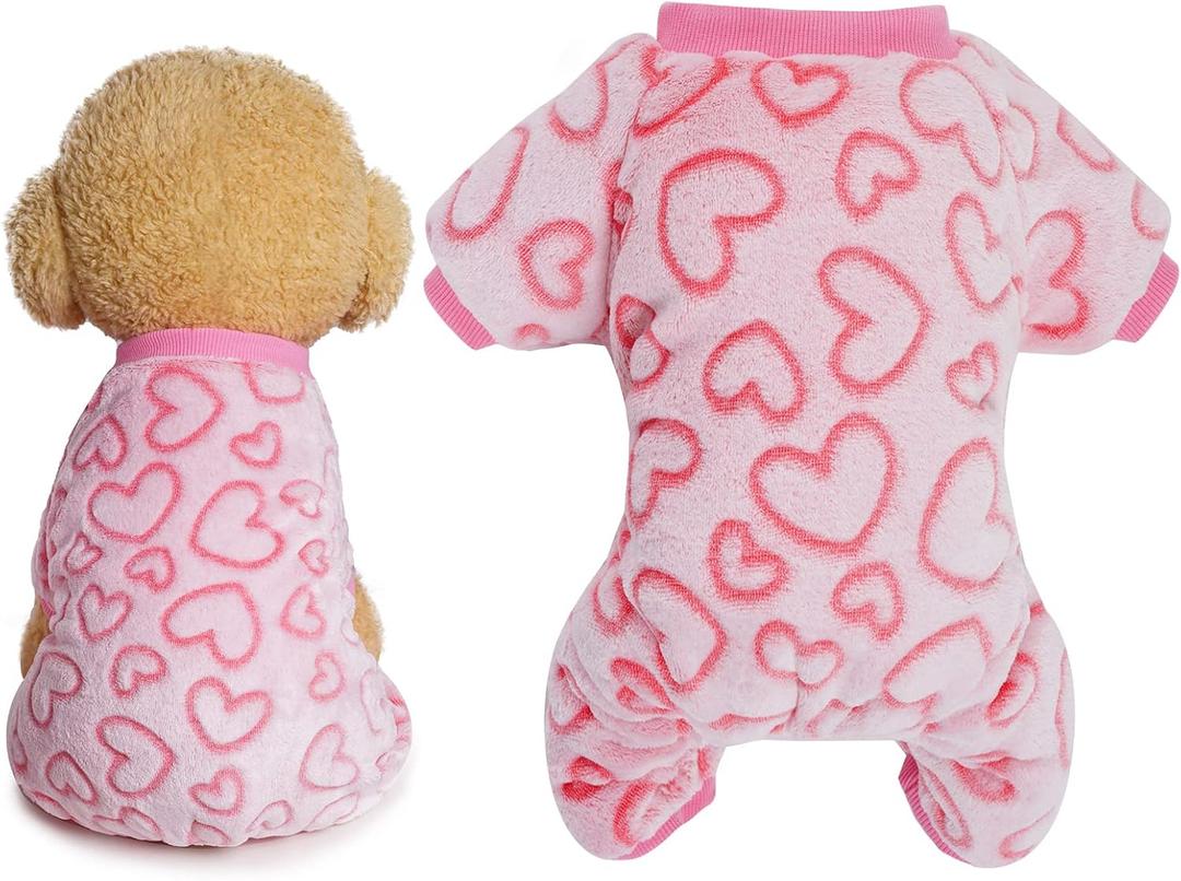 Dxhycc Fleece Dog Pajamas Cute Dog Heart Puppy Jumpsuit Warm Soft Pet Holiday Clothes for Small Medium Cats and Dogs (Pink, S)
