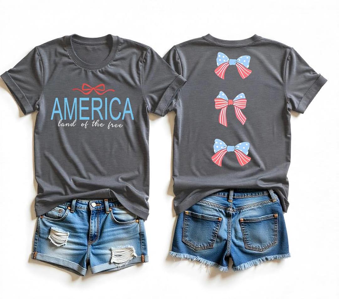 Fussinatioanry American Flag Patriotics T Shirts for Women USA 4th of July Tee Red White Blue Bow Graphic Short Sleeve Casual Tops,Grey,2XL