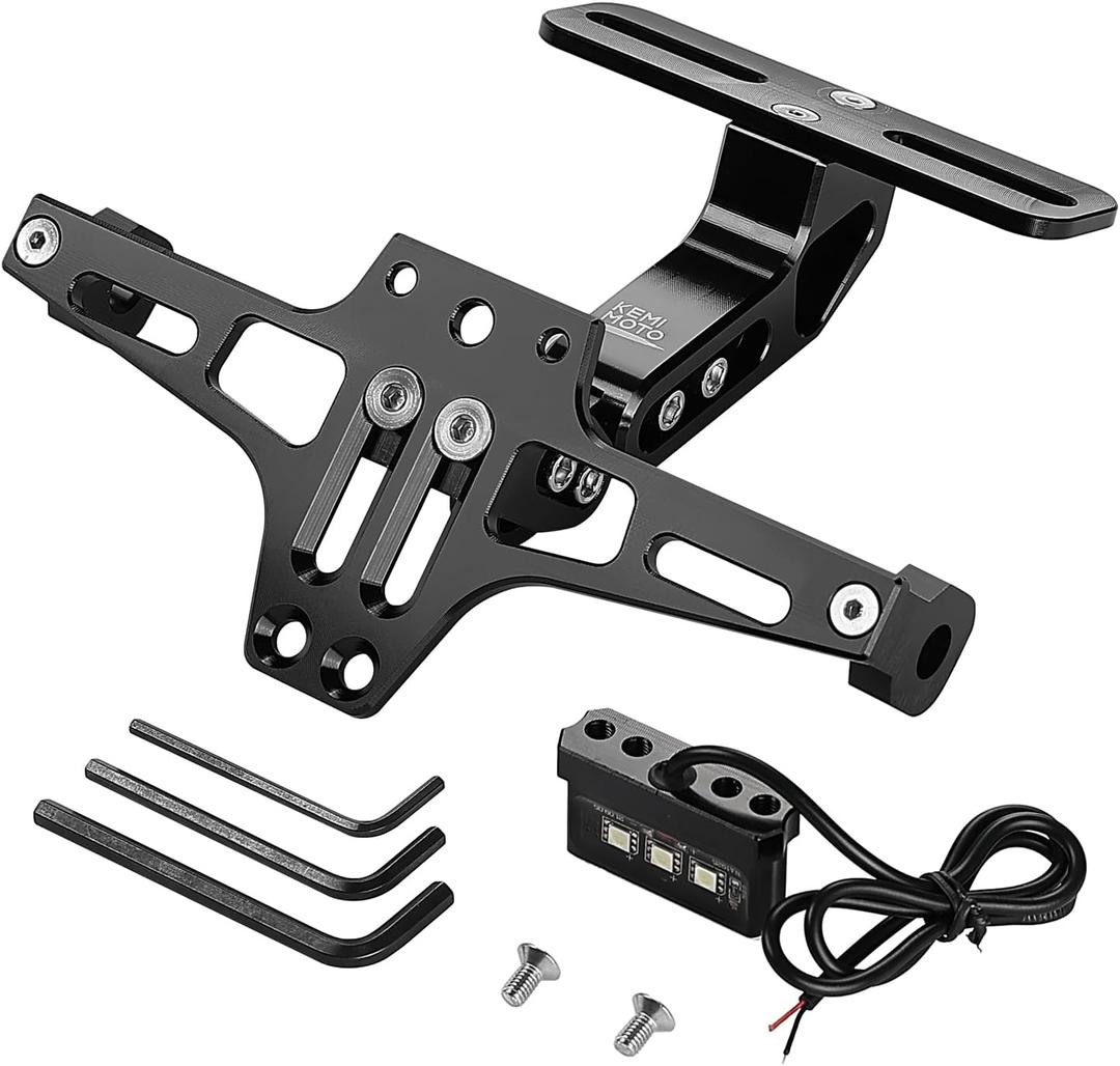 KEMIMOTO Universal Motorcycle License Plate Bracket with LED Light Fender Eliminator Kit CNC Aluminum Motorcycle Tail Tidy License Plate Holder Mount Black