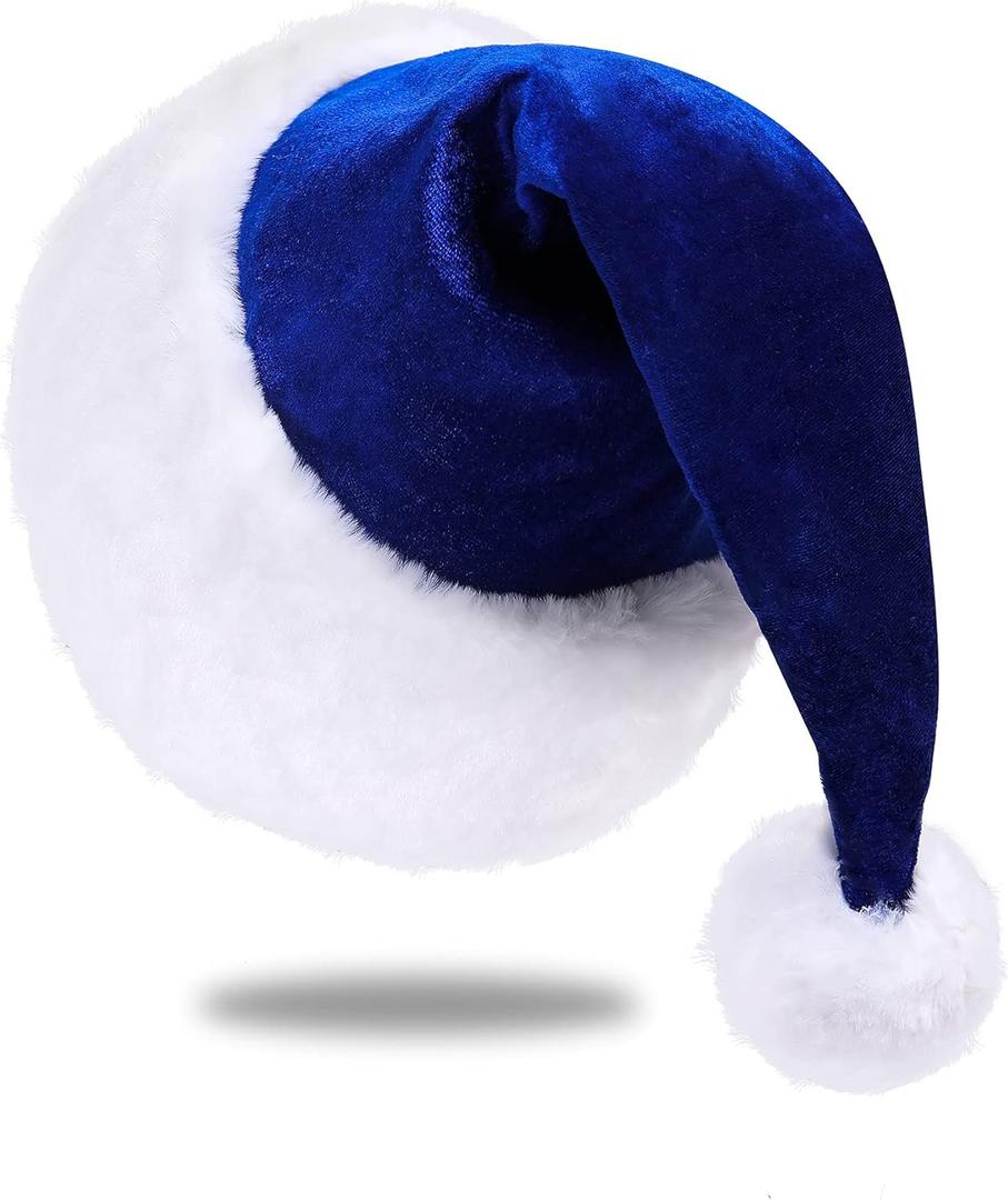 Santa Hat, Santa Hat for Adults, Unisex Velvet Comfort Blue Christmas Hats Extra Thicken Classic Plush for Christmas New Year Festive Holiday Party Supplies