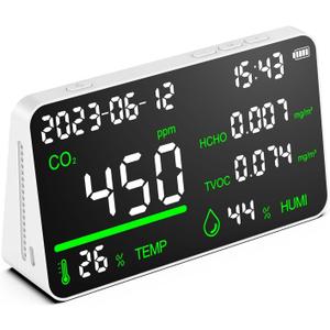 CIS 7-in-1 Air Quality Monitor, Indoor Humidity Monitor, Temperature, CO2, TVOC, HCHO, Time, Date Display Desktop Air Quality Tester, Air Quality Meters for Home Office Hotel Restaurant School