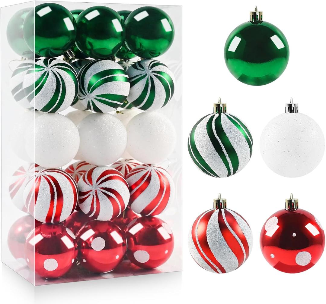 30PCS Christmas Ball Ornaments, 2.36" Red Green White Xmas Balls Decoration, Shatterproof Christmas Balls Ornaments for Xmas Tree, Painting & Glittering Hanging Ball for Party Event