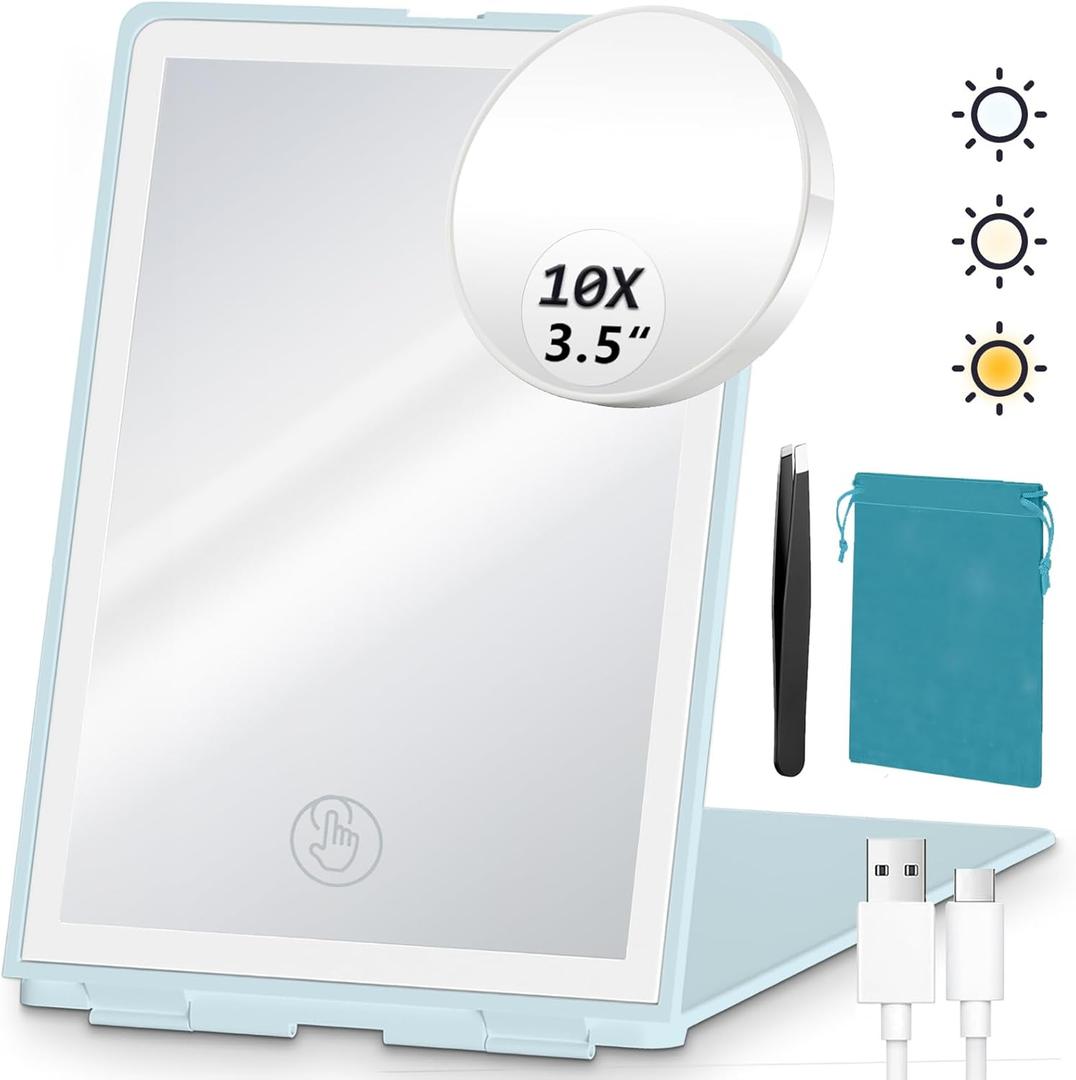 Travel Makeup Mirror with Lights Valentines Day Gifts for Her, Girlfriend, Wife, Birthday Gifts Rechargeable Portable Folding Compact LED Mirror Set with Tweezer 3 Color Light Modes-Cyan