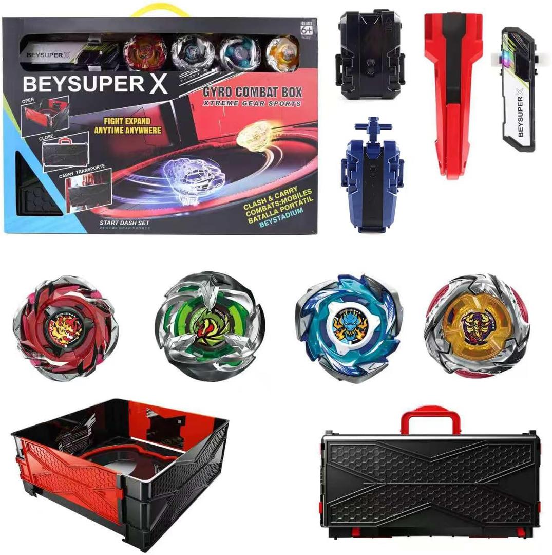 Burst Gyro All in One Portable Battle Arena Set, 4 Metal Fusion Attack Spinning Tops with 2 Two-Way Launchers & 2 Handles, Gyro Battling Game Toy Gift for Kids Boys Ages 6 7 8 9 10+ (CX01-4A)