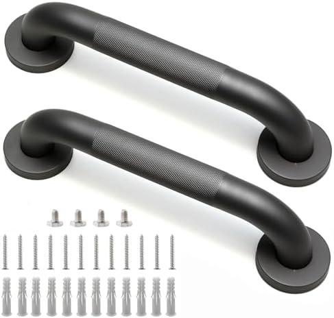 Rackickyer Shower Grab Bar, 2 Pack 12 Inch Gray Bathroom Grab Bar, 1.25" Diameter 304 Stainless Steel Anti-Slip Grab Bars for Bathtubs and Showers, Handicap Shower Grab Bar for Seniors Elderly