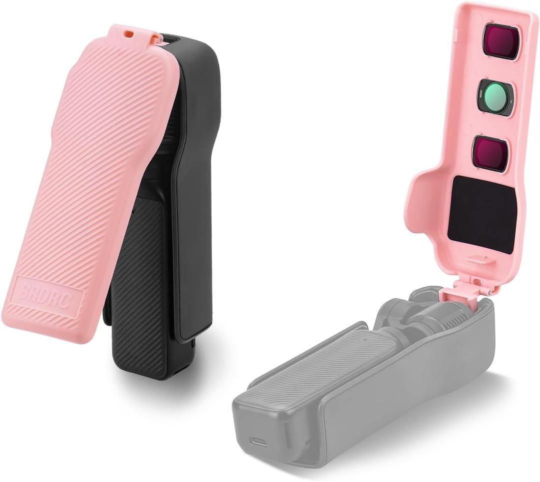 BRDRC Pocket 3 Cover Case Accessories, Gimbal Flip Protective Cover Lens Protector Cap Holds 3 Filters for DJI Osmo Pocket 3 Creator Combo (Pink)