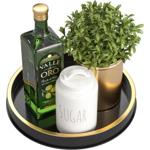 HGF Round Serving Tray, Black Brushed Gold, 9 Inch Metal Trays for Napkin Holder Condiment Spice Organizer, Decorative Tray for Coffee Table Kitchen Decor