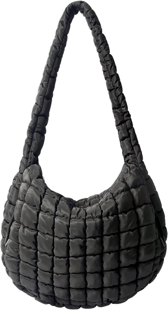 Puffer Tote Bag Large Puffy Tote Bag Quilted Tote Bag Soft Quilted Crossbody Bag Carryall Hobo Handbags for Women Girl (Black)
