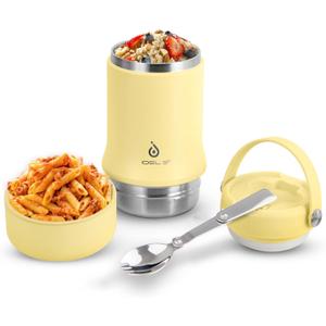 Ideus 20 oz Insulated Soup Thermo with Foldable Spolk and Bowl, All-in-one Stainless Steel Vacuum Thermal Food Jar for Lunch, Leakproof Bento Lunchbox Portable Soup Container (Light Yellow)