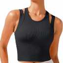 RUNNING GIRL Sports Bras for Women High Impact Seamless Ribbed Longline High Neck Workout Crop Tank Tops Padded (Large)